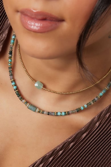 Collar perlas con piedra grande - Colección Piedra natural Verde Acero inoxidable h5 Imagen3